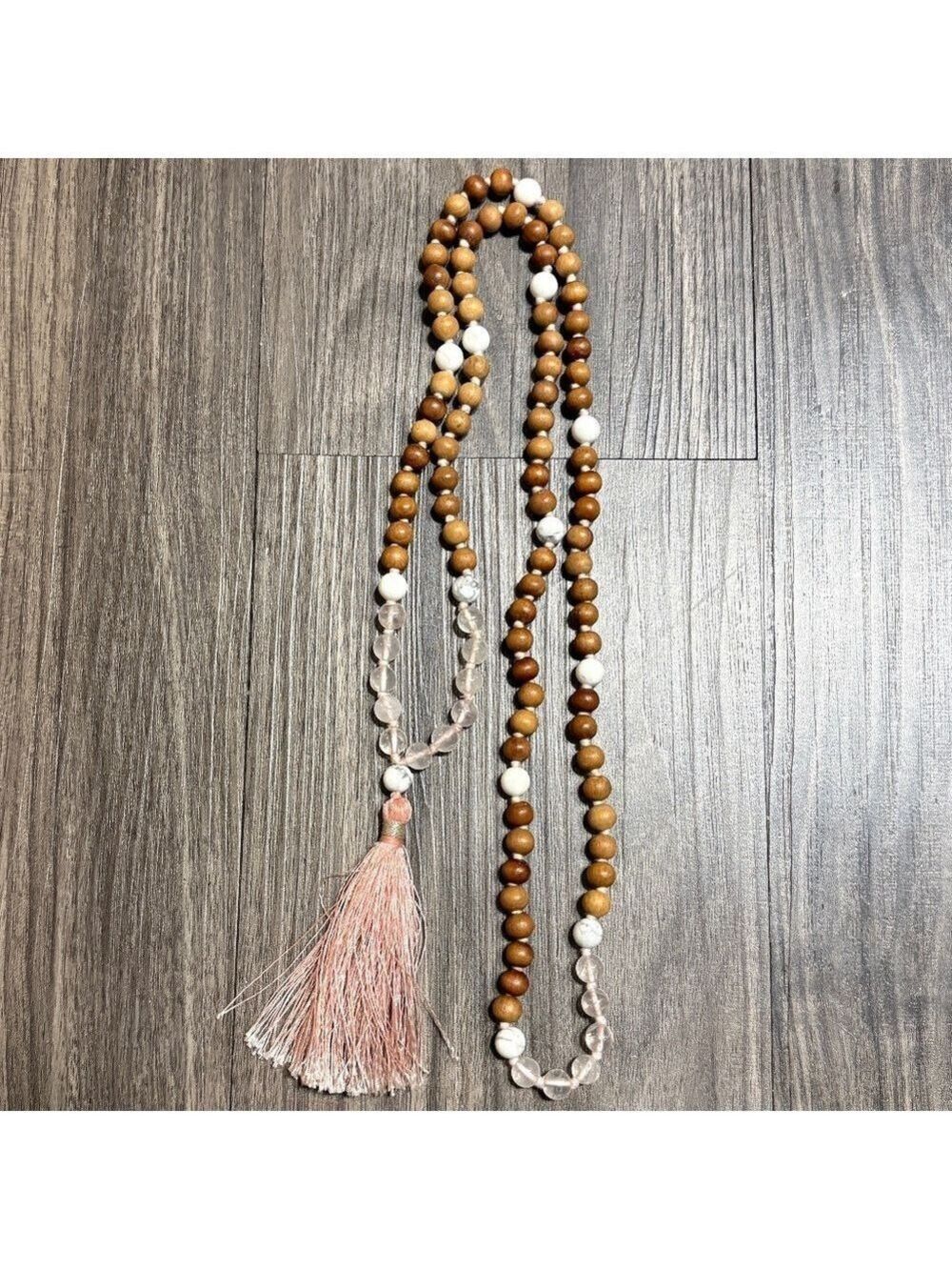 Rose Quartz, Howlite, and Natural Bead Yoga Mala Necklace with Pink Tassel